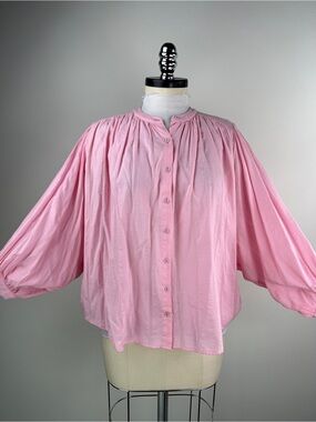 💚 3678. Pink Oversized Gathered Button-Front Blouse